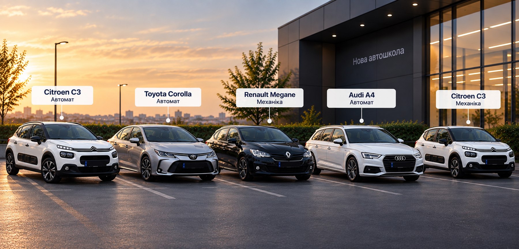 Автопарк Нової автошколи: Citroën C3, Toyota Corolla, Renault Megane, Audi A4, Citroën C3